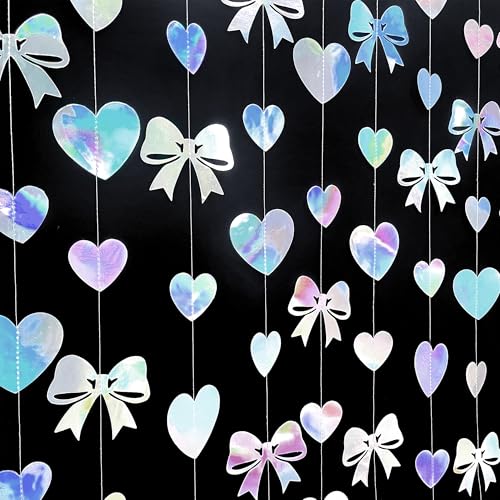Image of Iridescent Bow Decorations Holographic Paper Heart Bow Hanging Garland Streamer for Coquette Bachelorette Birthday Valentines Wedding Bridal Shower Engagement Anniversary Party Decorations Supplies