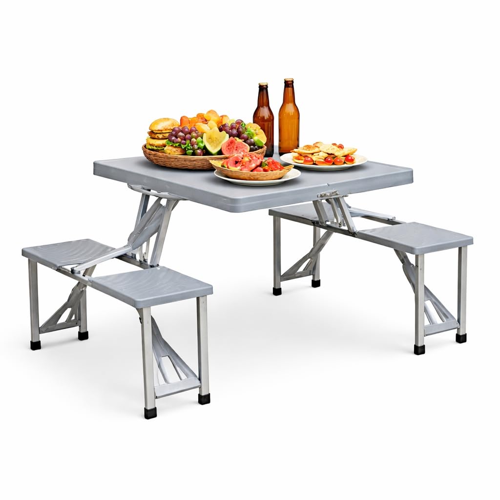 Tavolo Pieghevole con Panche 85,5 x 65 x h 67 cm - da Campeggio, Picnic, per Spiaggia, Salvaspazio, Maniglia di Trasporto, Struttura Acciaio, Richiudibile - Colore grigio