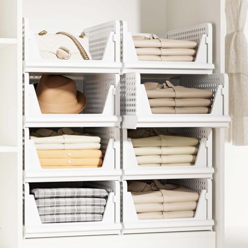 Image of Go Hooked Foldable Wardrobe Organizer with Drawer Style Pull Out Design | Pack of 8 Large (44x34x19 cm) Shelf Storage Box | Heavy Duty Plastic Shirt Stacker for Cupboard, Almirah & Closet | White
