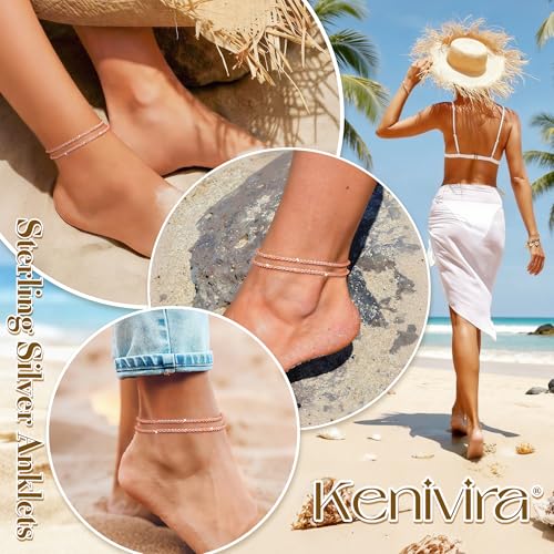 Image of Kenivira Sterling Silver Ankle Bracelets for Women,Gold Dainty Layered Waterproof Anklet for Women, Anklet Set Stackable Beach Gift Adjustable Size