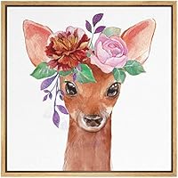 SIGNWIN Framed Canvas Wall Art Nursery Baby Deer Fawn with Pink, Purple, Red Flowers Animals Wildlife Watercolor Impressionism Modern Portrait Fun for Living Room, Bedroom, Office - 16