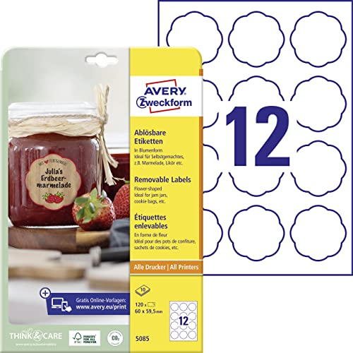 AVERY Zweckform Marmeladenetiketten Art. 5085 (120 Aufkleber ablösbar, 60x59,5mm auf A4, Blumenform, ideal für Einmachgläser, Gebäcktüten, Geschenke und Selbstgemachtes aus der Küche)10 Blatt weiß AVERY Zweckform Marmeladenetiketten Art. 5085 (120 Aufkleber ablösbar, 60x59,5mm auf A4, Blumenform, ideal für Einmachgläser, Gebäcktüten, Geschenke und Selbstgemachtes aus der Küche)10 Blatt weiß