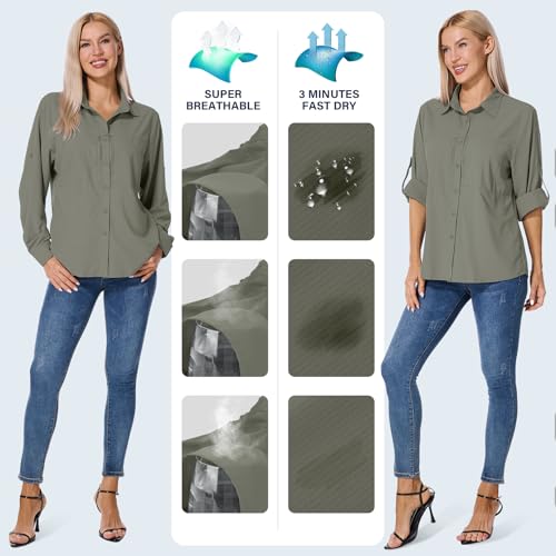 Asfixiado Shirts Damen UV Shirt UPF 50+ Safari Kleidung Wanderbluse Damen Hemdbluse Outdoor Atmungsaktiv Quick Dry Sonnenschutz Langarmshirt Bluse（5087 Grey Green M）