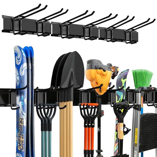 Image of TIDYME Garage Wall Organizer | 48" Heavy-Duty Tool Storage Rack | Adjustable Double-Layer Hooks | 300 lbs Capacity | Carbon Steel Wall Mount Holder for Shovels, Rakes, Ladders & Power Tools