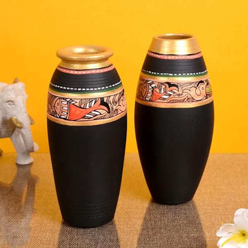 Image of Aakriti Art Creations Vase Earthen Black Madhubani Set of 2 | Hand-Painted Terracotta Flower Vases | Matte Finish Decorative Vases for Living Room, Table Decor & Gifting