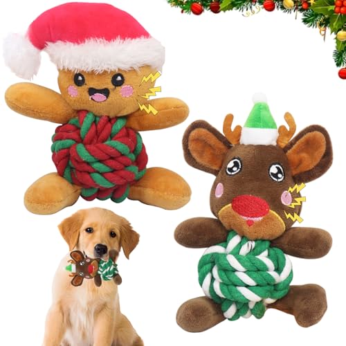 KOIROI Lot de 2 Jouet pour Chien Noel, Jouet Couineur de Noël pour Chien, Cadeau Noel Chien, Corde Chien Indestructible, Jouets à Mâcher Doux, Peluches Résistantes pour Chiens Grands Moyens Petits