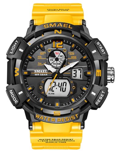 FANMIS Mens Analog Digital Sports Watch Large Face Outdoor Sports Waterproof Military Wrist Watches with Date Multifunction Tactics LED Army Watch Backlight Stopwatch (Black) (Orange)