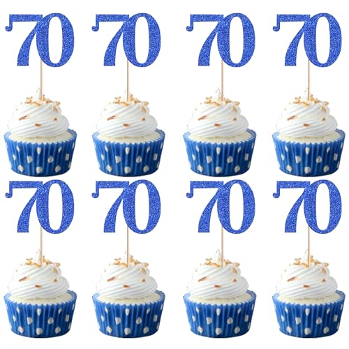 Rsstarxi 36 Pack Number 70 Cupcake Toppers Glitter Cheers to 70 Years Birthday Cupcake Picks Decoration for Happy 70th Birthday Wedding Anniversary Party Cake Decorations Blue
