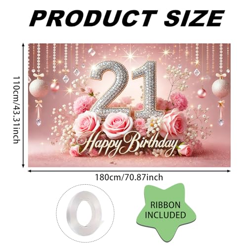 Image of Nuxovilar 21th Birthday Banner - Elegant Pink & Gold Floral Backdrop