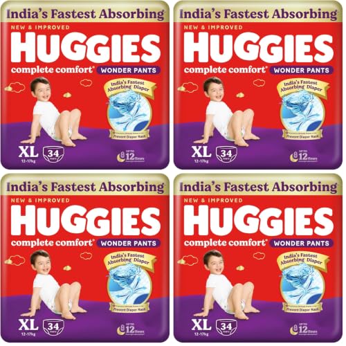 Image of Huggies Complete Comfort Wonder Pants | Pant Style Baby Diapers Extra Large Size (XL), 34 Count | India's Fastest Absorbing Diaper, Prevents Diaper Rash, Ideal for 12 to 17 Kgs (Pack of 4)