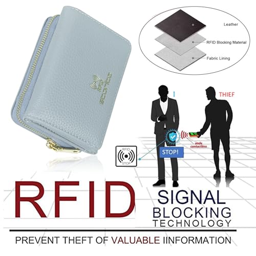 Image of Storite Women RFID Wallet | PU Leather | Slim Mini Zipper Purse with 5 Card Slots, ID Window, Cash & Coin Pocket | Button Closure (Light Blue - 11 x 8 x 4.2 cm)