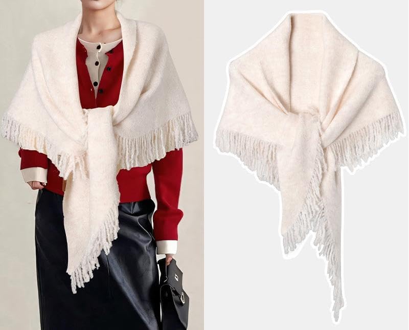 Women Elegant Fringe Knit Triangle Shawls Wraps Trendy Solid Color Open Front Knotted Pashmina Scarf - Image 5