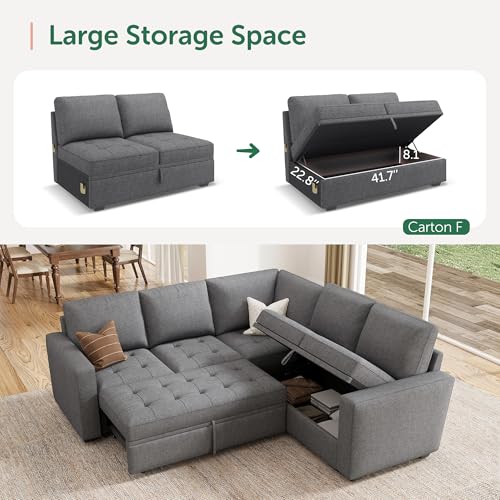Image of HONBAY Modular Sectional Sofa with Pull Out Bed Convertible L Shaped Couch with Storage Seat Sleeper Sectional Couches for Living Room,Mid Grey