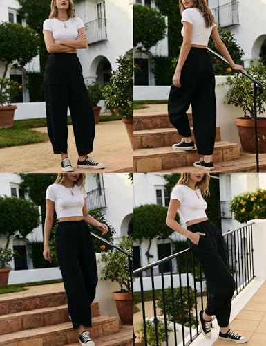 Image of Himosyber Women Cotton Pants Wide Leg Pants Casual Loose Baggy Elastic Waist Beach Palazzo Harem Pants