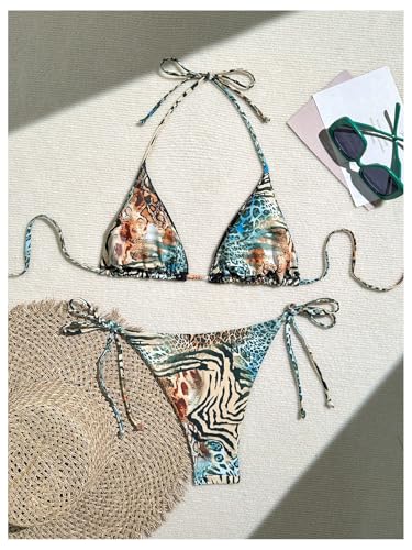 Verdusa Women's Leopard Halter Triangle Micro Bikini Set Swimwear Tie Side Thong 2 Piece Bathing Suits2
