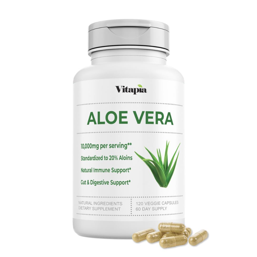 Organic Aloe Vera Capsules 20% Aloins Supplement - Pure Inner Leaf Gel Concentrate - Digestive, Gut Health, Skin, Immune Support - 120 Count - Non-GMO, Gluten-Free, Vegan