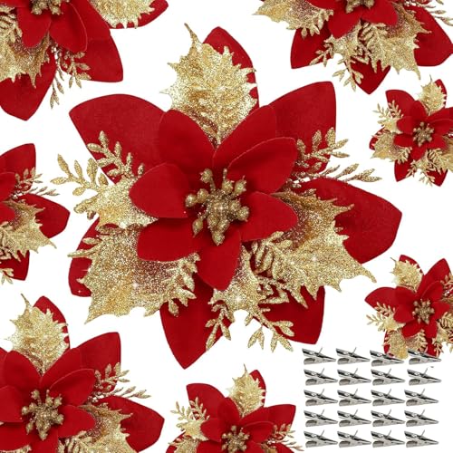 Glitter Fake Flowers, 20pcs Poinsettia Flowers Christmas Decorations, Artificial Flowers Christmas Decor Christmas Tree Decorations, Ornaments Fake Flowers Decor, Red