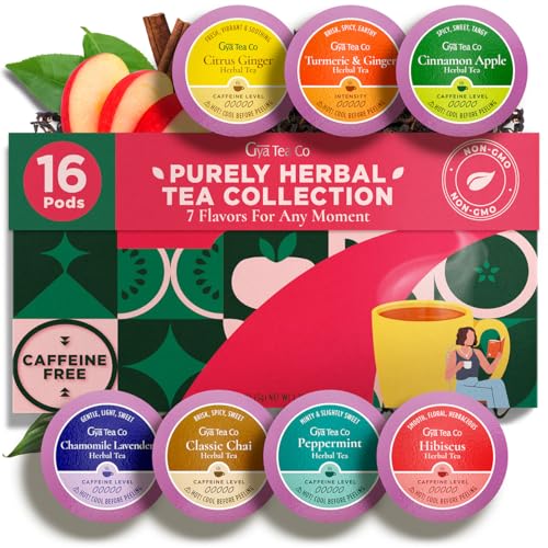 Image of Purely Herbal Tea Pod Gift Set (16 Count) - 7 Flavors Assorted Variety Pack | Chamomile Lavender, Peppermint, Chai, Citrus Ginger, Turmeric Ginger, Cinnamon Apple, Hibiscus, Tea Sampler, Non-GMO