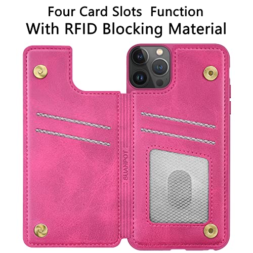 Suanpot For Iphone 14 Pro Max 6.7" Wallet Case With Rfid Blocking Credit Card Holder,Flip Book Pu Leather Phone Case Protective Cover Cellphone Women Men For Apple 14 Pro Max Case Wallet Rose Red #TOP5