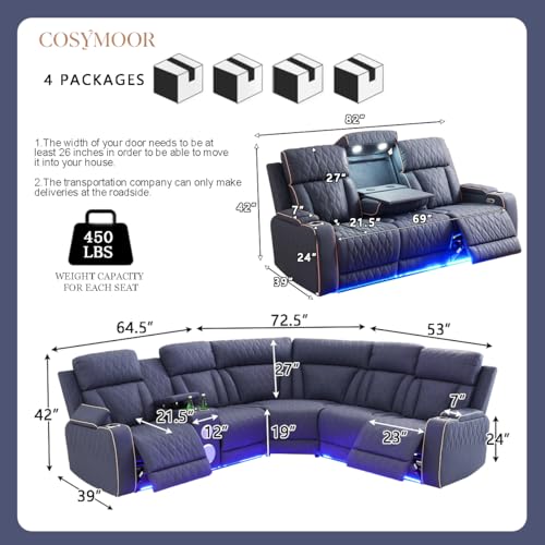 Image of Power Recliner Sectional Sofa Couches with Bass Speakers for Living Room, Leather Wall Hugger Reclining Corner Couch Sets with 4 Home Theater Seat, USB Port, Cup Holder, Storage Console