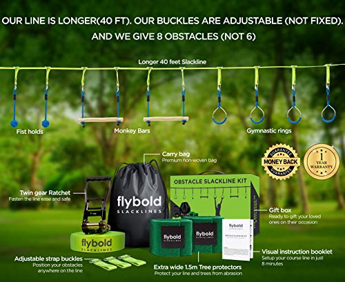 Flybold Obstacle Course For Kids | Ninja Warrior Slackline Kit With 8 Adjustable Obstacles | Twin Gear Ratchet For Extra Safety | Great Slack Line Training Equipment | 40 Ft #TOP1