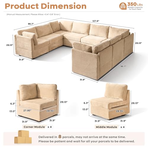 Image of ovios Modular Sectional Sofa Couch with U-Shape Chaise Oversized, Comfy Plush Corduroy Cloud Couches, Modern Luxury Deep Seat Sofas Set for Living Room, 8-Seater, Beige