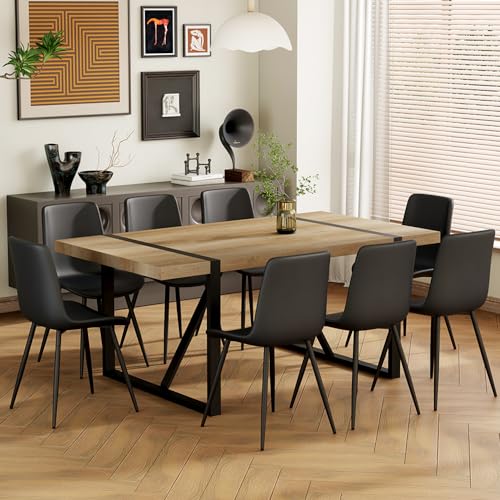 Dining Table Set, Modern 71” Wood Table and 8 PU Chairs, Country Rustic Style, Rectangular, Suitable for Home, Kitchen, Living Room, Easy Assemble & Clean