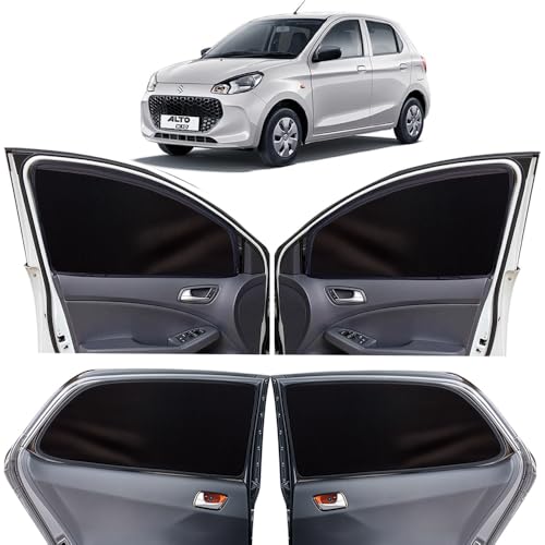 Image of OTO2EYE Car Sun Shade Compatible for Maruti Suzuki Alto K10 2022-2023, Z-Black Super Magnetic Grip, Front Window Zipper, Side Window Curtains, 4 Pieces Set
