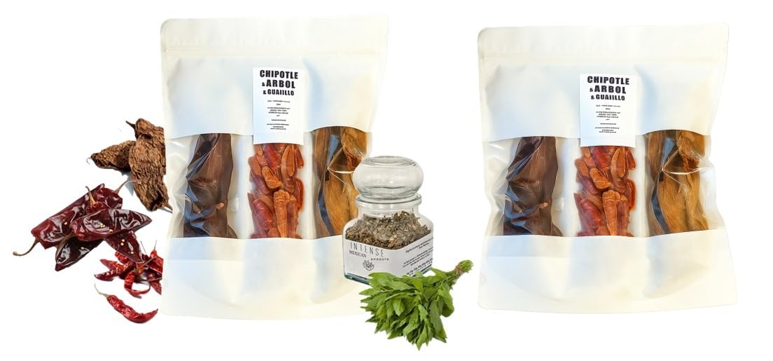 2x Tripack Guajillo Arbol smoked Chipotl and a little stylish glass container with Epazote 20g. Essential mexican spices.
