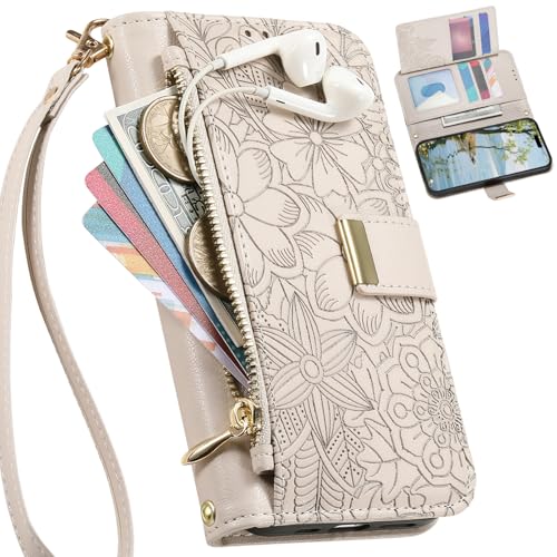 BAILI Funda Tipo Cartera para OPPO A96 4G, Case de Flores con Ranuras para Tarjetas y Soporte, Bolso de Mano con Bolsillo y Cremallera para OPPO A96 4G-Gris