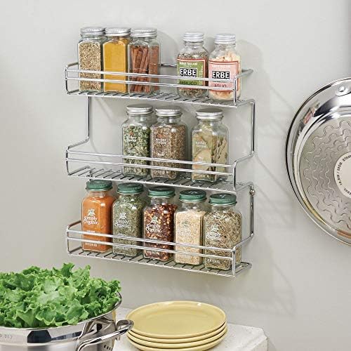 mDesign Wall Mounted Spice Rack - 3 Shelf Spice Holder Made from Steel - Practical Kitchen Storage for Herb and Spice Jars - Chrome
