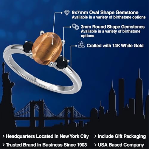 Gem Stone King 14K White Gold Brown Tiger Eye and Black Onyx Engagement Ring For Women | 1.70 Cttw | Oval 9X7MM | Gemstone Birthstone | Available in Size 5,6,7,8,92