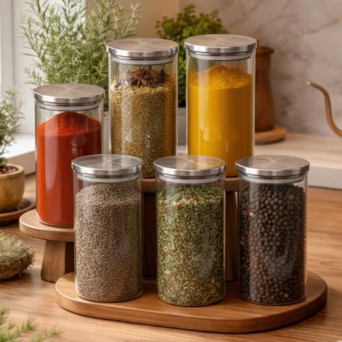 Image of amazon basics Glass Containers for Kitchen, Set of 6, 1000ml Borosilicate Glass Jars with Airtight Stainless Steel Lids for Flour, Rice, Pulses, Cookies & Pantry Storage
