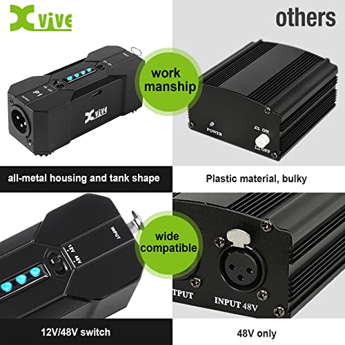 Xvive P1 Phantom Power Supply 48V/12V Switch,Up To 40 Hours Of Use,Rechargeable Portable Phantom Power For Condenser/Shotgun Microphones, Mic Preamp, Recording Studios #TOP2