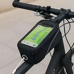 Bolsa de Guidão para Bicicleta com Tela Touch, Impermeável, Porta Celular com Zíper e Saída para Fone, Cinza e Preto