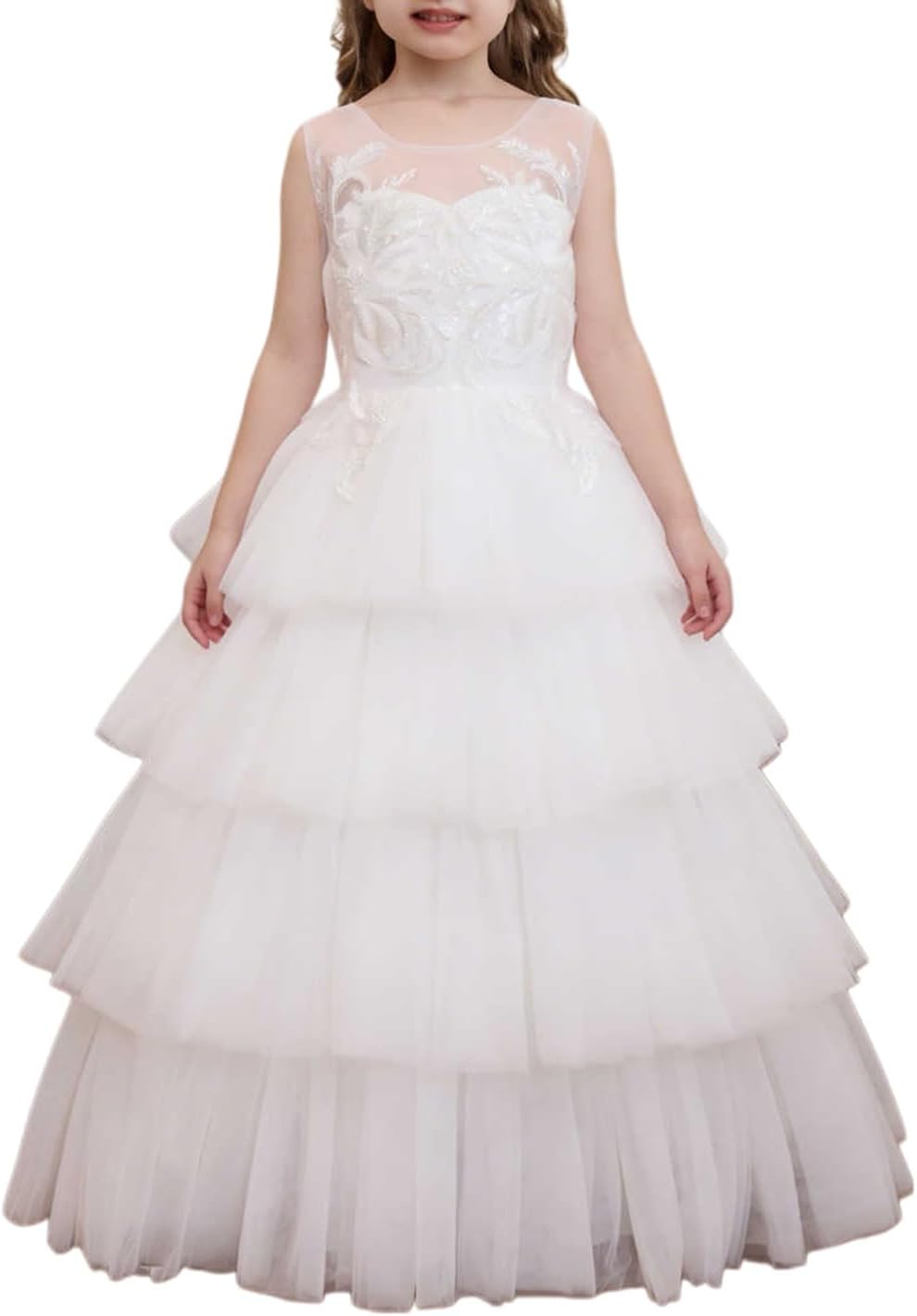 White Long Tiered Tulle Flower Girl Dress with Embroidered Lace Bodice