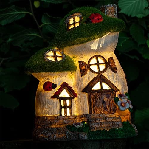Garden Mushroom Fairy House With Ladybug | Solar Powered | Waterproof Outdoor & Indoor Resin Ornament Statue | Decorations Yard & Patio Light | M&W