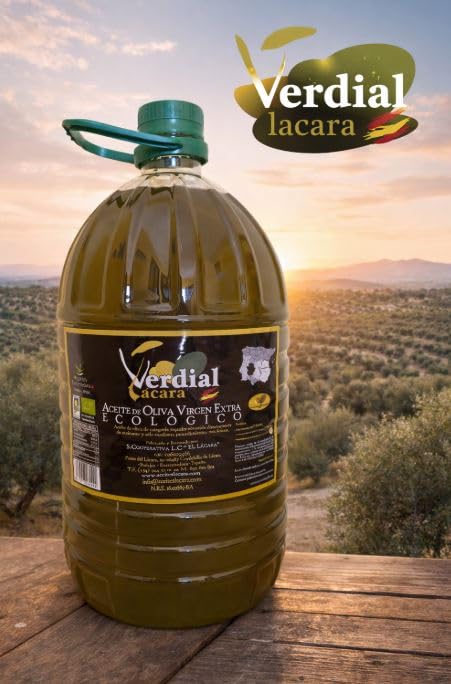 Aceite de oliva virgen extra ecológico Verdial Lácara 5L AOVE, variedad Verdial de Badajoz - Aceite español premium 100%, extracción en frío, sabor delicado y natural.