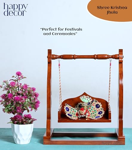 Image of Premium Polished Sheesham Wooden Laddu Gopal Jhula, Shri Krishna Swing Kanhaji, Thakurji, for Bal Gopal Idol, (Size:- 13 inchx12 inchx7 inch), Seat Size :- (8 inchx6 inch) 0 to 4 no Gopal ji (Mayur Aura Jhula)