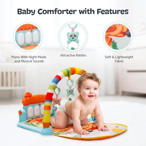 Image of Kidsmate Little Explorer Play Gym Mat for Babies 0 to 12 Months, Kick and Play Piano Baby Gym, 4 Hanging Rattles & Mirror, Tummy Time Activity Play Mat, Newborn Toys Gift for Baby Boys and Girls