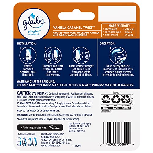 Glade PlugIns Refills Air Freshener, Vanilla Caramel Twist, 1.34 Fl Oz, 2 Count