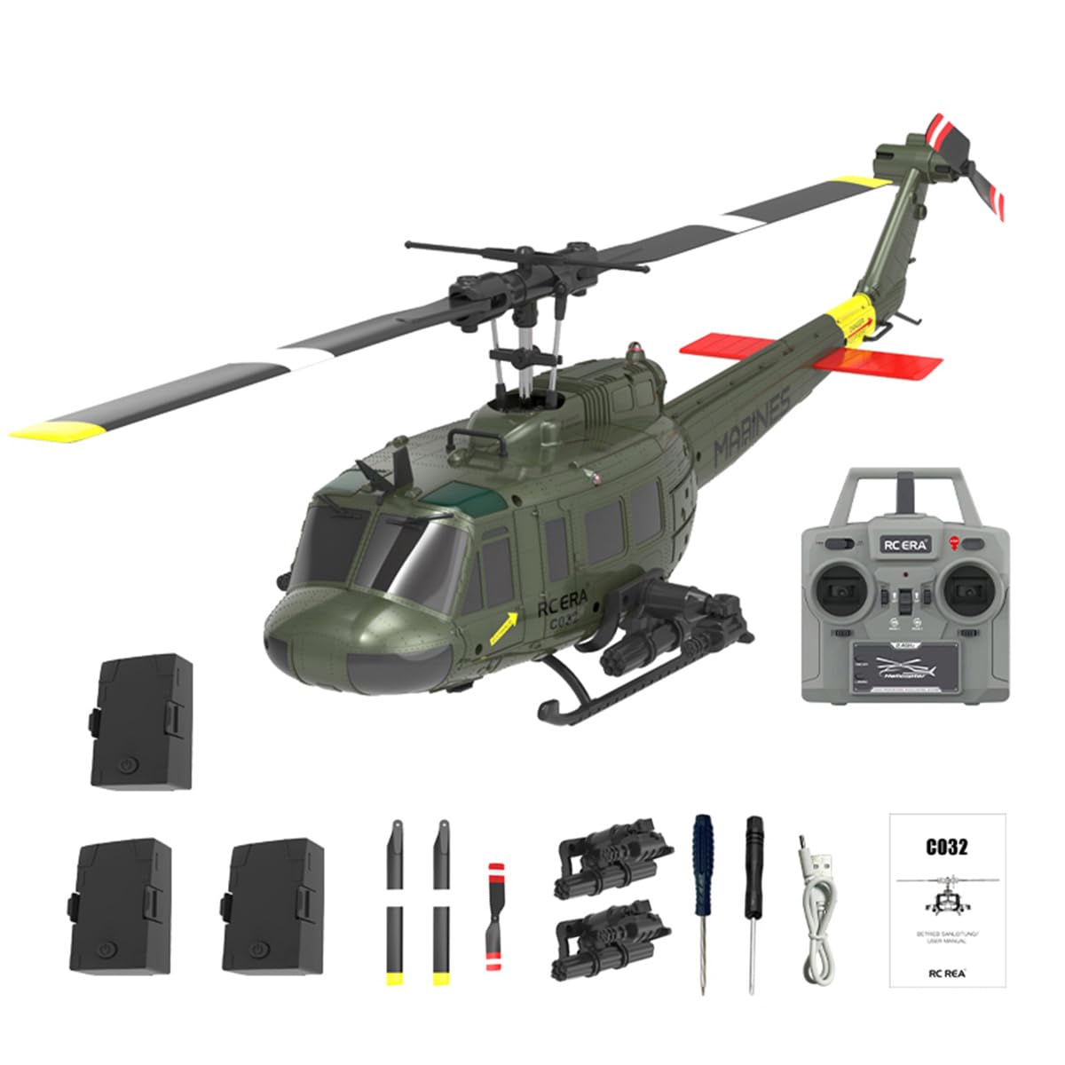 UH-1 RC Helicóptero para adultos, 1/48 C032 RC Helicóptero, 2.4G 6CH Flybarless Stunt RC Helicóptero Militar, Posicionamiento de Flujo Óptico Vuelo Inverso, Regalo -RTF