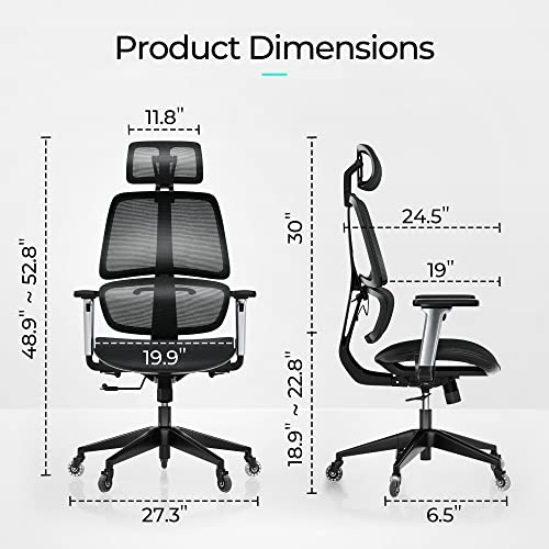 Linsy Home Ergonomic Office Chair, Swivel Ergonomic Task Chair With Adjustable Headrest And Arms, Lumbar Support And Pu Wheels, Computer Mesh Chair For Home Office,Dark #TOP2