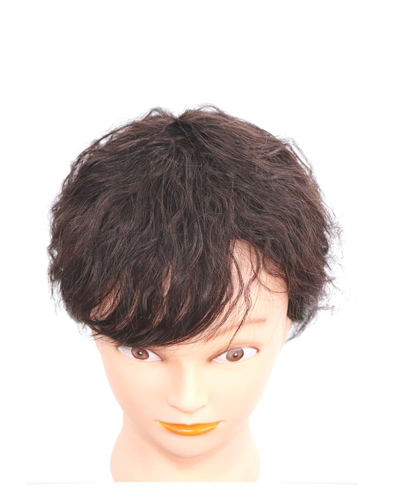 Clip In Toppers Human Hair Short Curly Hair Hairpiece for Women Hair Loss White Hair (Dark Brown,A028)