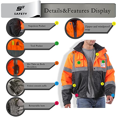 Image of sesafety Reflective Jacket for Men, High Visibility Jackets, Safety Jackets for Men, Hi Vis Construction Bomber Jackets Waterproof with Pockets and Zipper, Black Bottom, Class 3