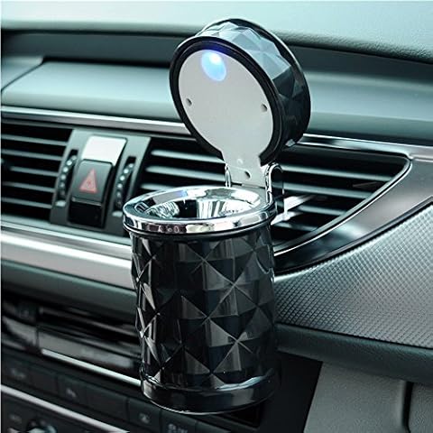 SOEKAVIA Car Ashtray,Portable Auto Cigarette Ashtray With Blue LED Light Car Cup Holder Black Cover