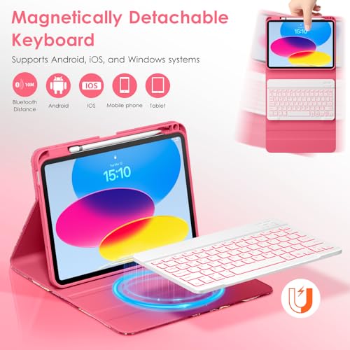 Image of DTTO for iPad 11th (A16) / 10th Generation Case with Keyboard (2025 /2022), 7 Colors Backlit Wireless Detachable Keyboard Leather Folio Cover with Pencil Holder & Pocket, Red Marble
