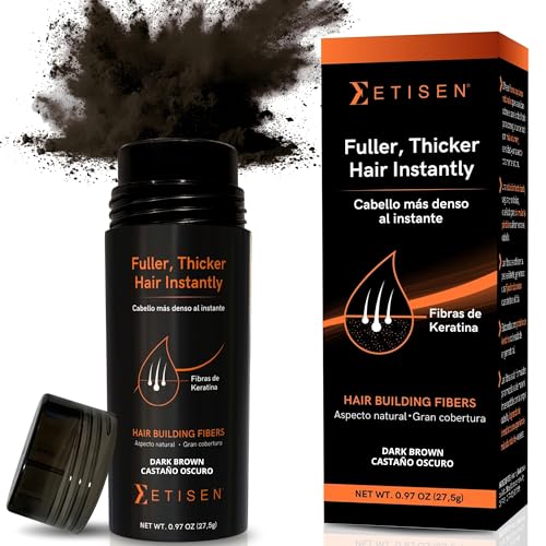 ETISEN Fibras Capilares 27,5 g – Fibra Capilar de Keratina para Disimular Calvicie, Polvo Rellenador Capilar Hombre Mujer, Camuflaje Cabello Fino, Hair Fibers Volumen Instantáneo (Castaño Oscuro)