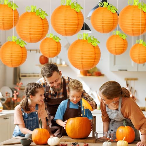 Image of 12Pcs Fall Thanksgiving Pumpkins Decorations Orange Paper Pumpkin Ball Decorations Lanterns Unique Design Perfect for Halloween Jack O Lantern Classroom Kitchen Party Indoor Outdoor