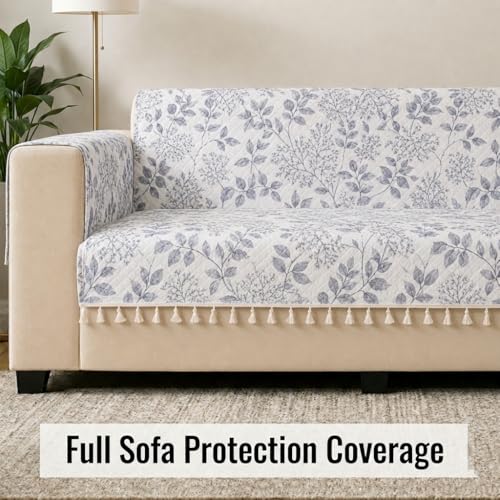 Image of STITCHNEST 'Frostvine Collection' 2 Seater Sofa Cover | Full Coverage with Armrest Pockets | Cotton Quilted Fabric, Decorative Tassels, Washable & Durable for Modern Living